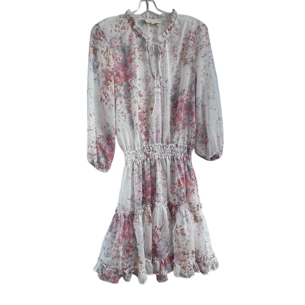 Lovestitch Floral Smocked Mini Dress‎ Pink Blue Watercolor Tiered Ruffle Small